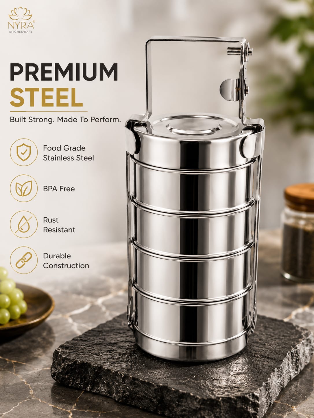 Stainless Steel 4-Tier Tiffin Box | Food Grade Lunch Box with Clip Carrier