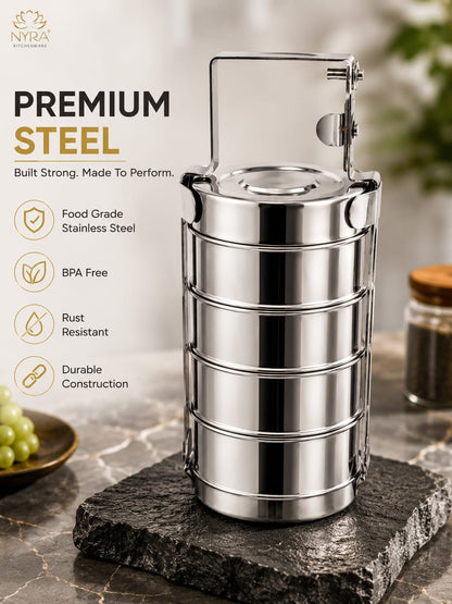 Stainless Steel 4-Tier Tiffin Box | Food Grade Lunch Box with Clip Carrier