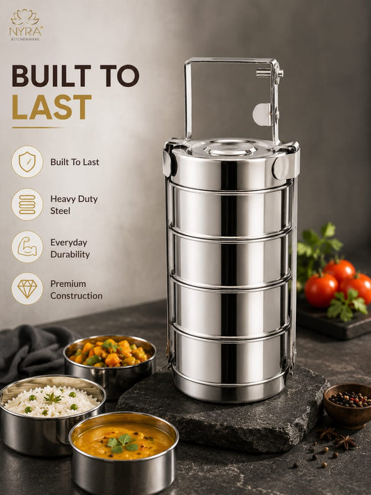 Stainless Steel 4-Tier Tiffin Box | Food Grade Lunch Box with Clip Carrier