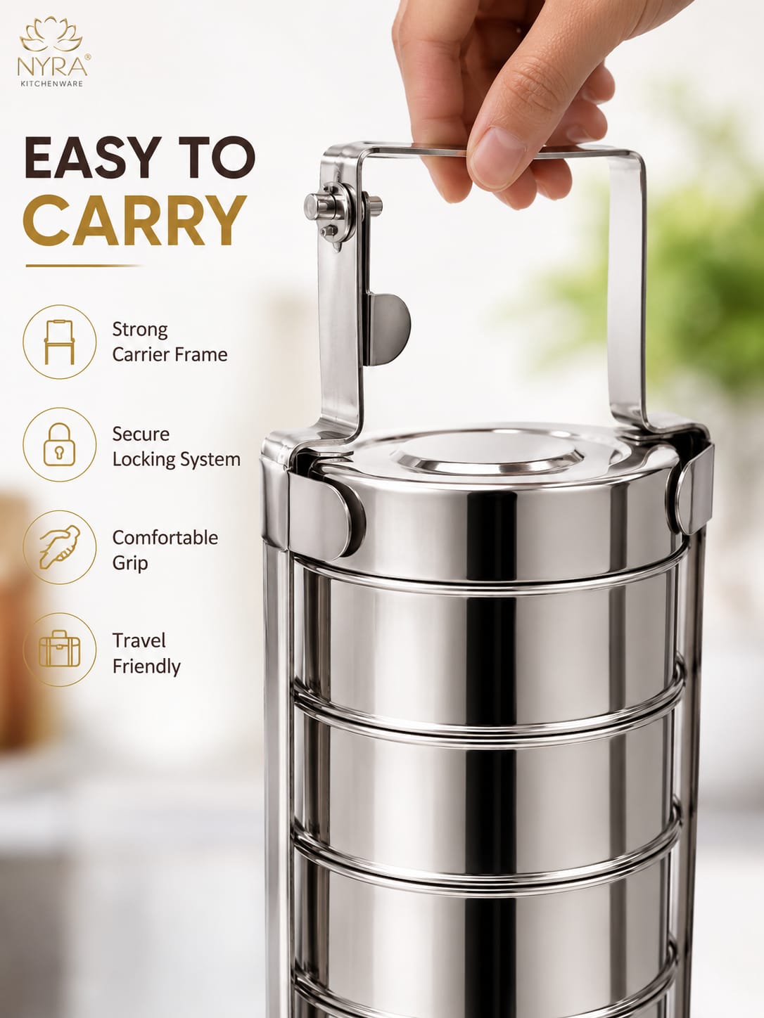 Stainless Steel 4-Tier Tiffin Box | Food Grade Lunch Box with Clip Carrier