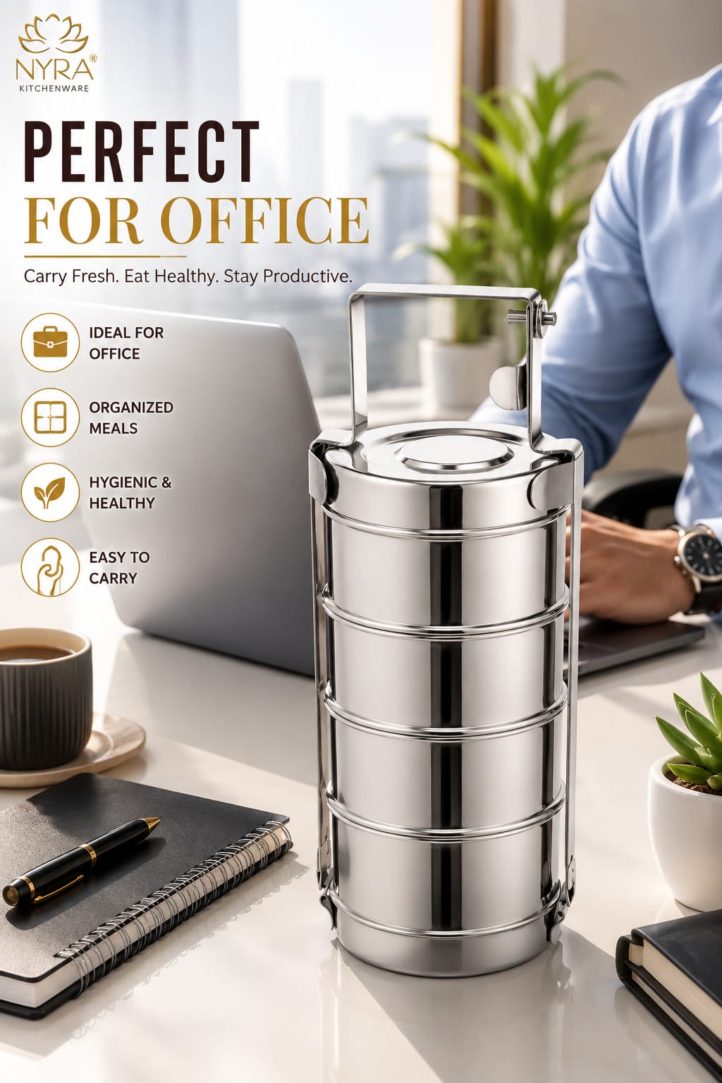 Stainless Steel 4-Tier Tiffin Box | Food Grade Lunch Box with Clip Carrier