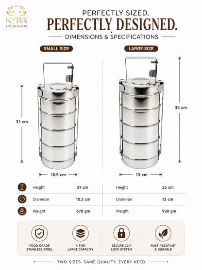 Stainless Steel 4-Tier Tiffin Box | Food Grade Lunch Box with Clip Carrier