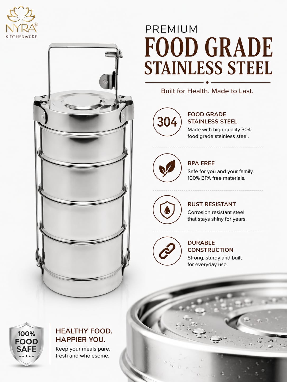 Stainless Steel 4-Tier Tiffin Box | Food Grade Lunch Box with Clip Carrier