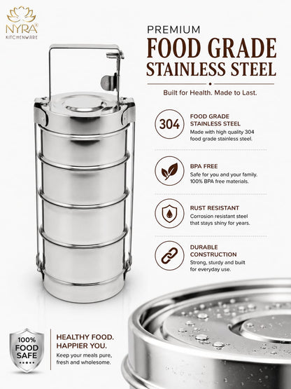 Stainless Steel 4-Tier Tiffin Box | Food Grade Lunch Box with Clip Carrier