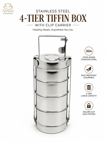Stainless Steel 4-Tier Tiffin Box | Food Grade Lunch Box with Clip Carrier