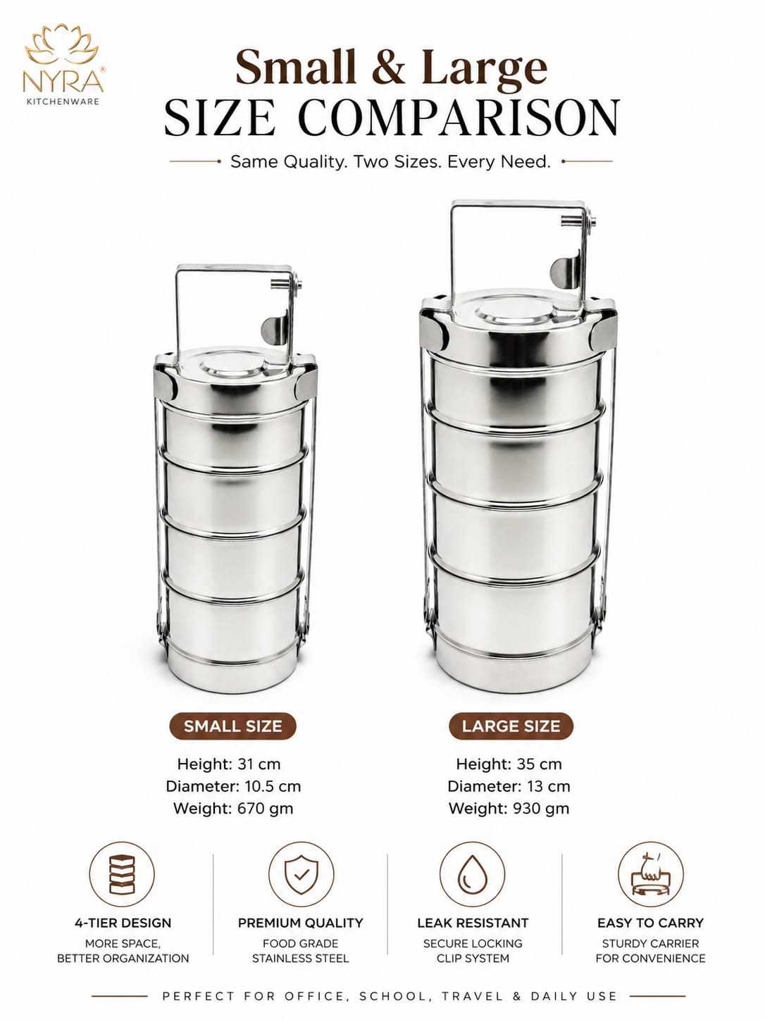 Stainless Steel 4-Tier Tiffin Box | Food Grade Lunch Box with Clip Carrier