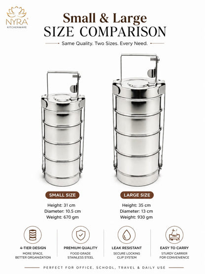 Stainless Steel 4-Tier Tiffin Box | Food Grade Lunch Box with Clip Carrier