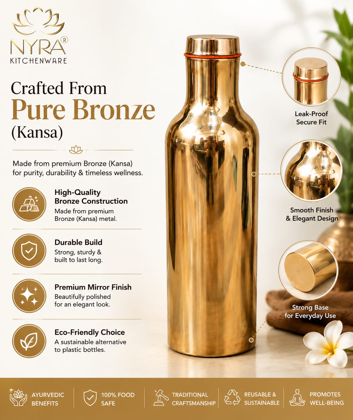 Pure Bronze Water Bottle | Kansa/Phool Health Benefits Water Bottle