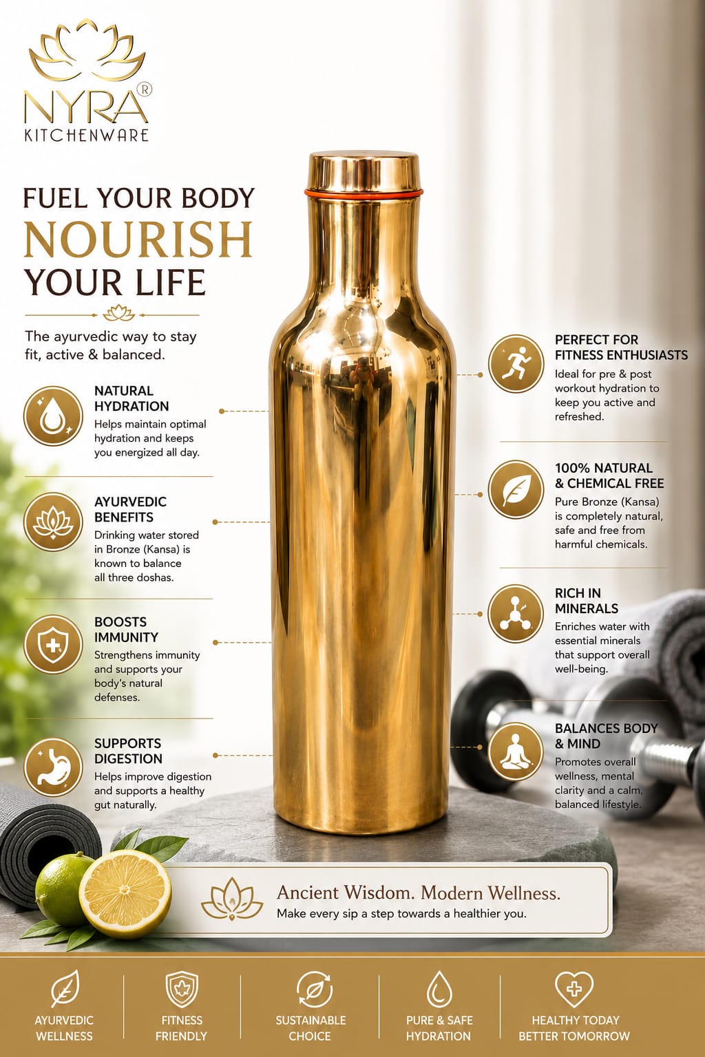 Pure Bronze Water Bottle | Kansa/Phool Health Benefits Water Bottle