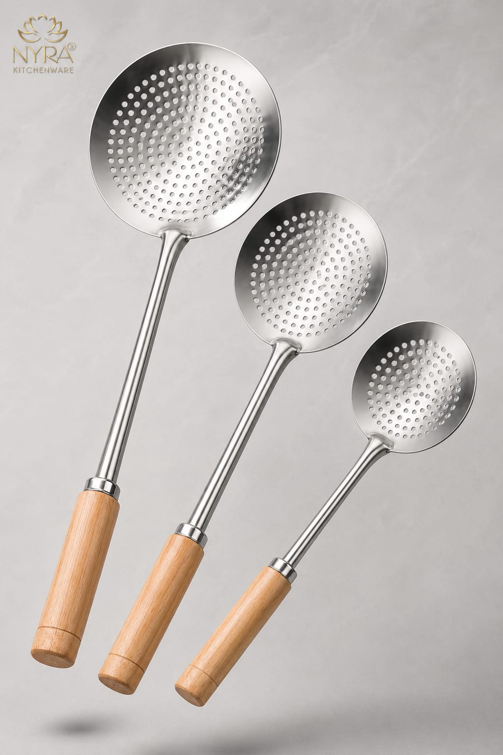 Deep Fry Strainer Mesh | Deep Fry Jhara /Skimmer | Puri Strainer with wooden handle - set of 3 |