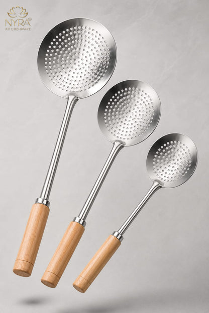 Deep Fry Strainer Mesh | Deep Fry Jhara /Skimmer | Puri Strainer with wooden handle - set of 3 |