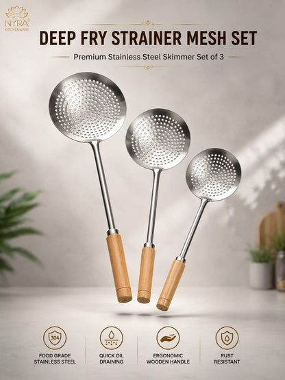 Deep Fry Strainer Mesh | Deep Fry Jhara /Skimmer | Puri Strainer with wooden handle - set of 3 |
