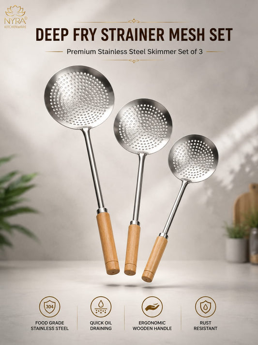 Deep Fry Strainer Mesh | Deep Fry Jhara /Skimmer | Puri Strainer with wooden handle - set of 3 |
