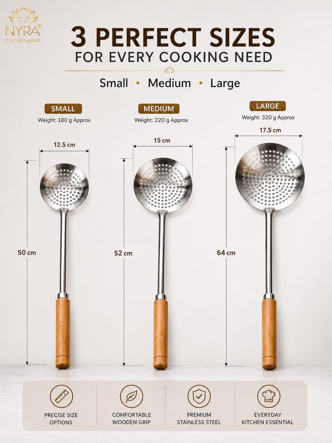 Deep Fry Strainer Mesh | Deep Fry Jhara /Skimmer | Puri Strainer with wooden handle - set of 3 |