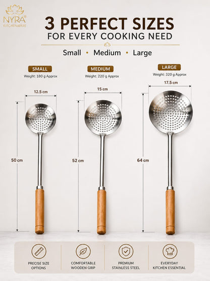 Deep Fry Strainer Mesh | Deep Fry Jhara /Skimmer | Puri Strainer with wooden handle - set of 3 |