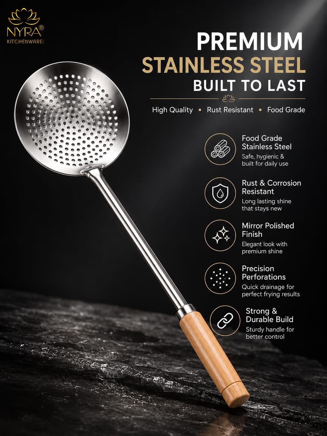 Deep Fry Strainer Mesh | Deep Fry Jhara /Skimmer | Puri Strainer with wooden handle - set of 3 |