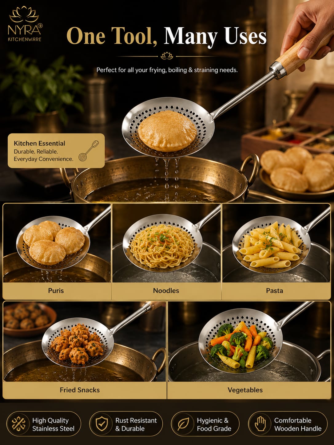 Deep Fry Strainer Mesh | Deep Fry Jhara /Skimmer | Puri Strainer with wooden handle - set of 3 |