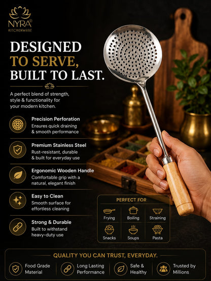 Deep Fry Strainer Mesh | Deep Fry Jhara /Skimmer | Puri Strainer with wooden handle - set of 3 |