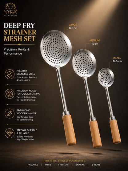 Deep Fry Strainer Mesh | Deep Fry Jhara /Skimmer | Puri Strainer with wooden handle - set of 3 |
