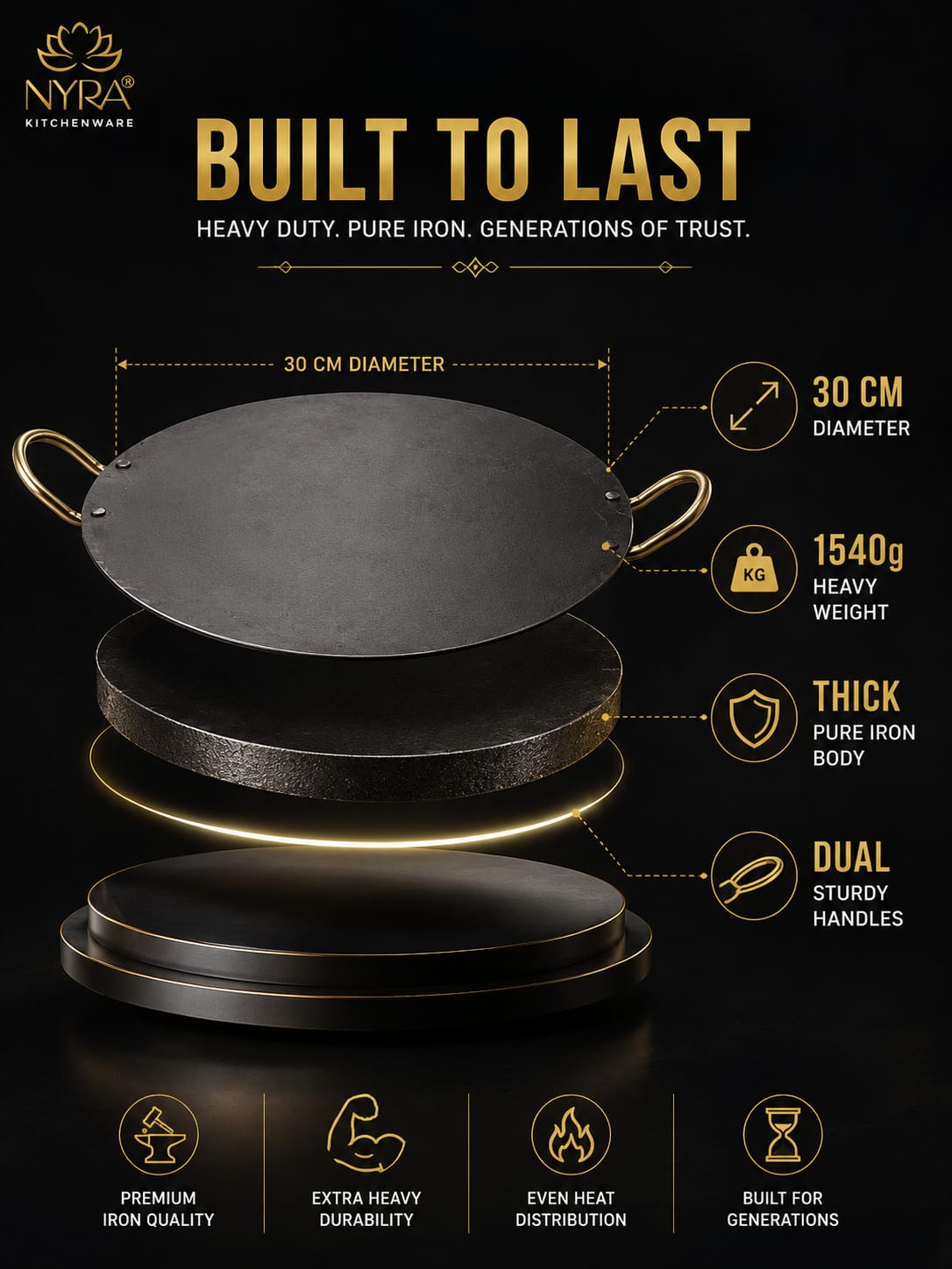 Pure Iron Tawa for Dosa/Chapati | Induction Friendly | No Chemical Coating | Toxin-Free