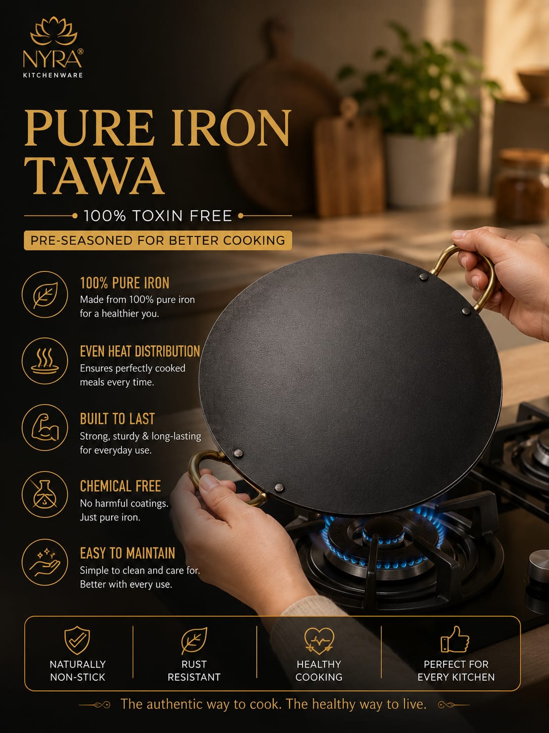 Pure Iron Tawa for Dosa/Chapati | Induction Friendly | No Chemical Coating | Toxin-Free