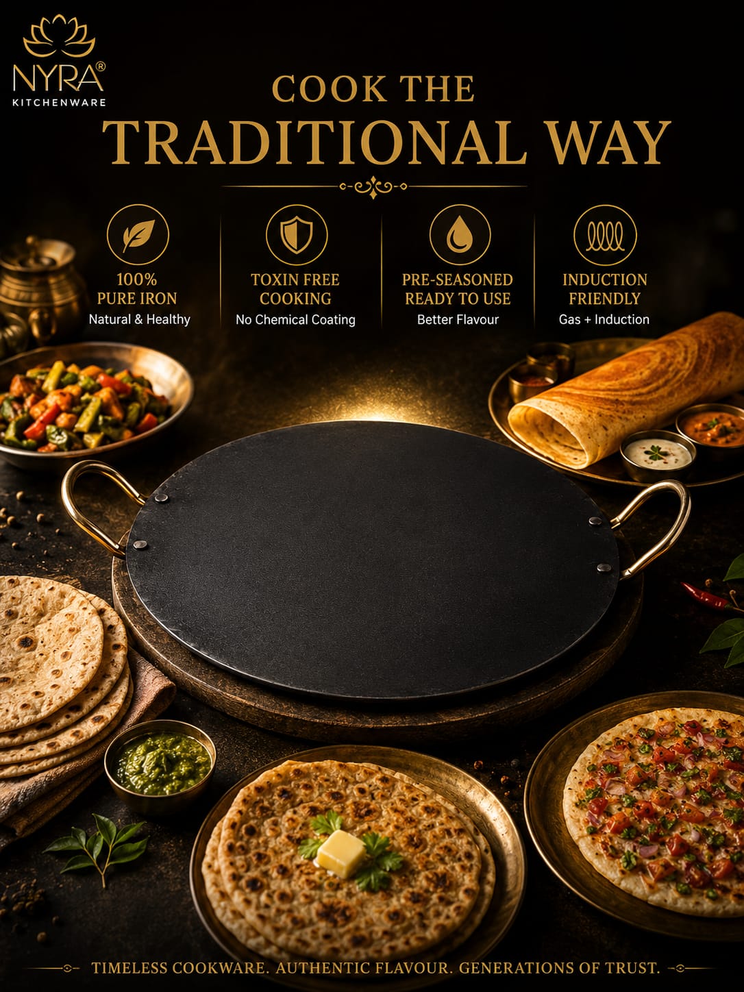 Pure Iron Tawa for Dosa/Chapati | Induction Friendly | No Chemical Coating | Toxin-Free