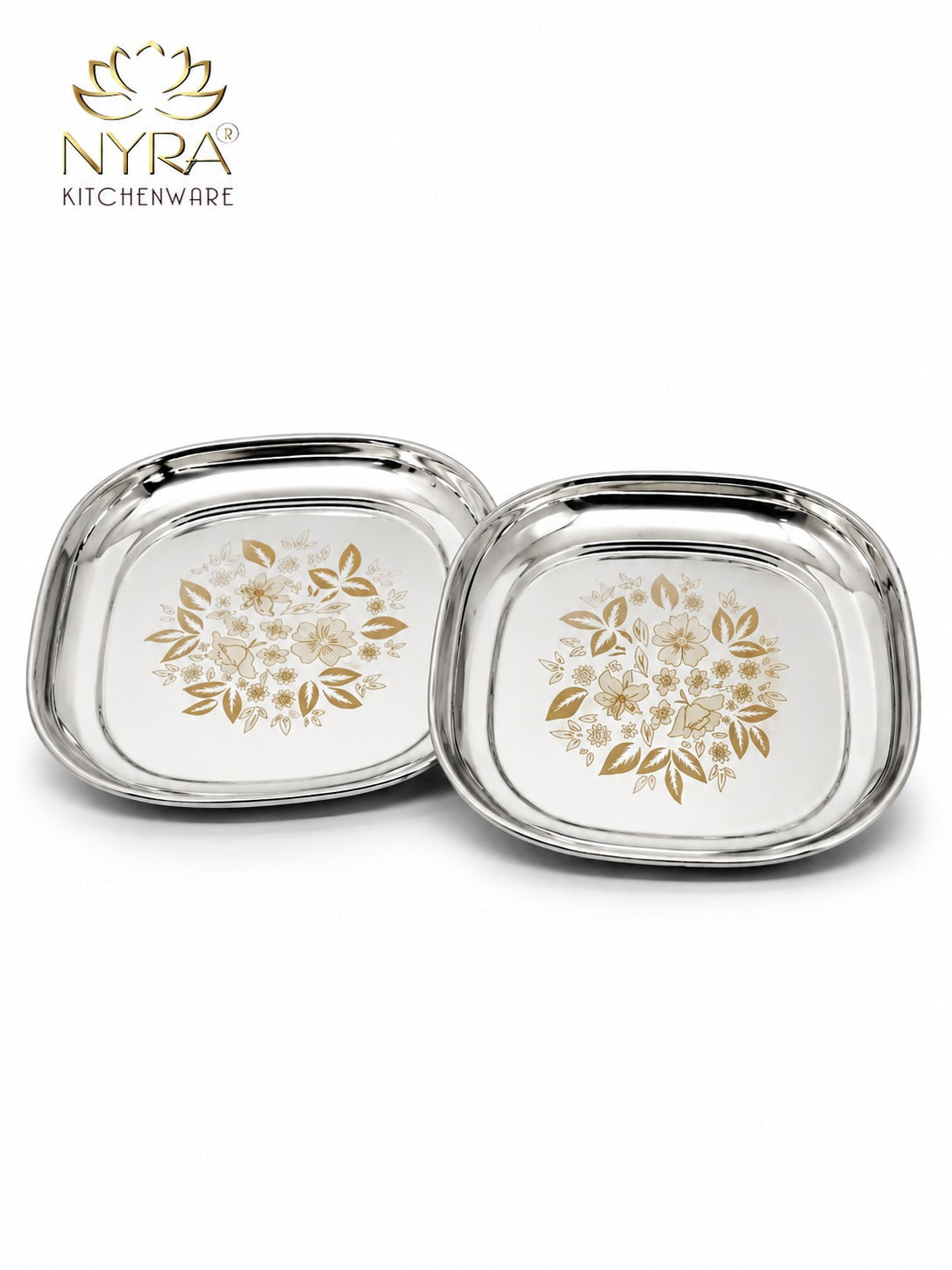 Stainless Steel Set of 12 pieces- Quarter and Full-Size Plates with Laser Print Set for Lunch/Dinner