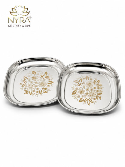 Stainless Steel Set of 12 pieces- Quarter and Full-Size Plates with Laser Print Set for Lunch/Dinner
