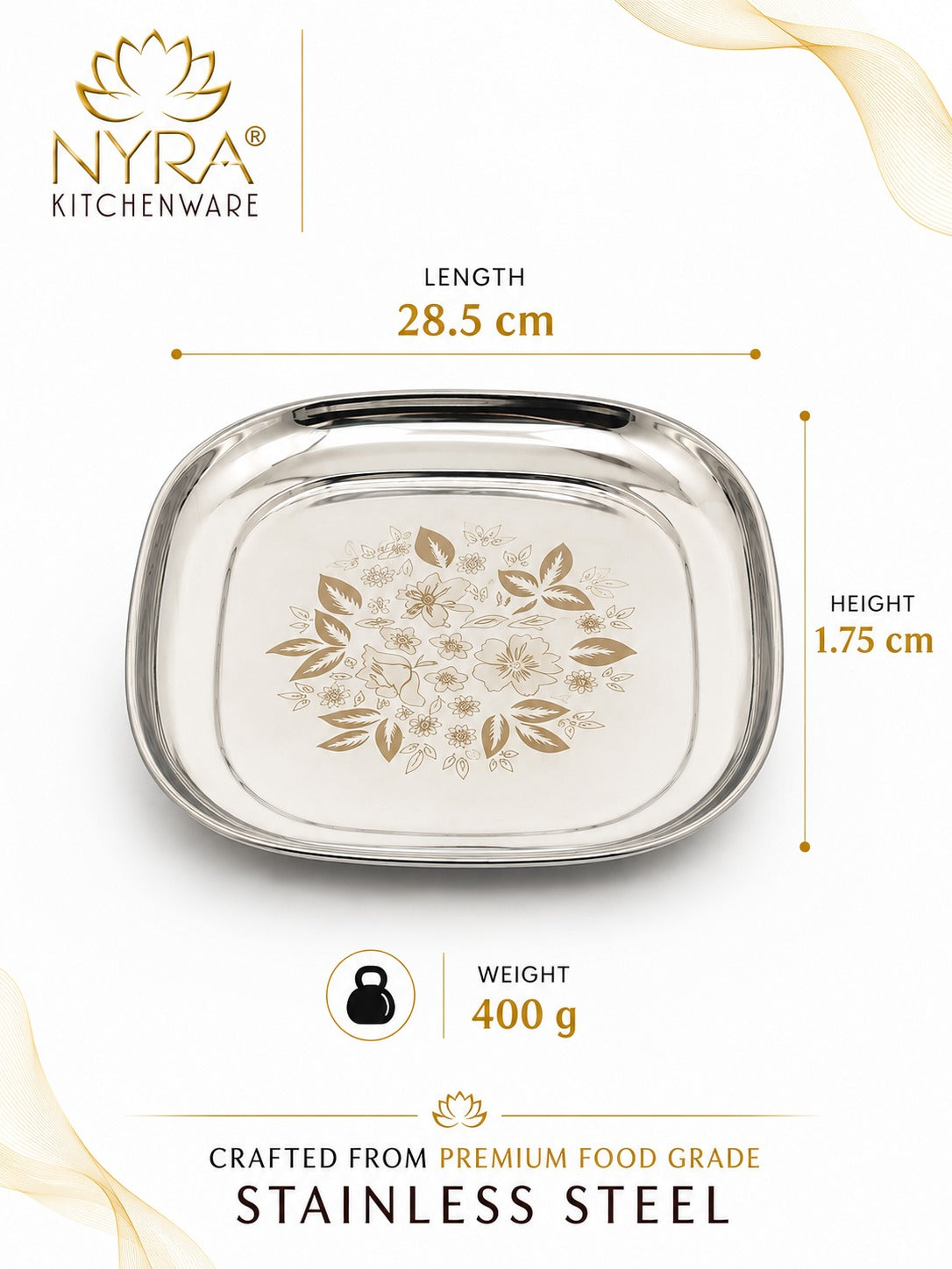 Stainless Steel Set of 12 pieces- Quarter and Full-Size Plates with Laser Print Set for Lunch/Dinner