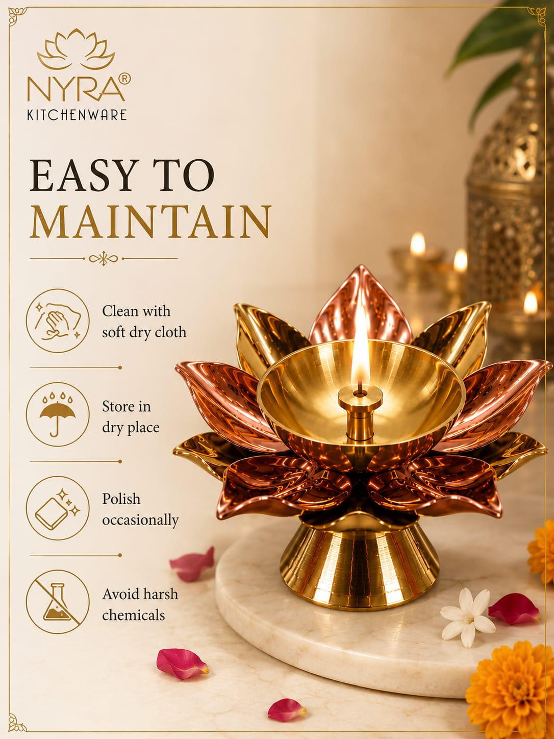 Beautiful Brass Diya with Dual Tone Petals - 2 Sizes