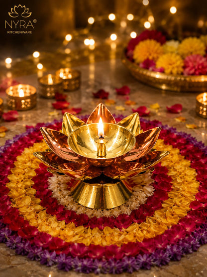 Beautiful Brass Diya with Dual Tone Petals - 2 Sizes