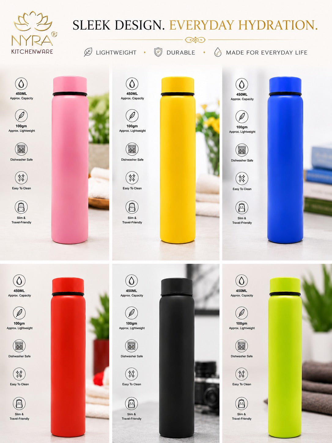 Stainless Steel Single Wall Pocket Water Bottle - Sleek Design - 6 Color Options