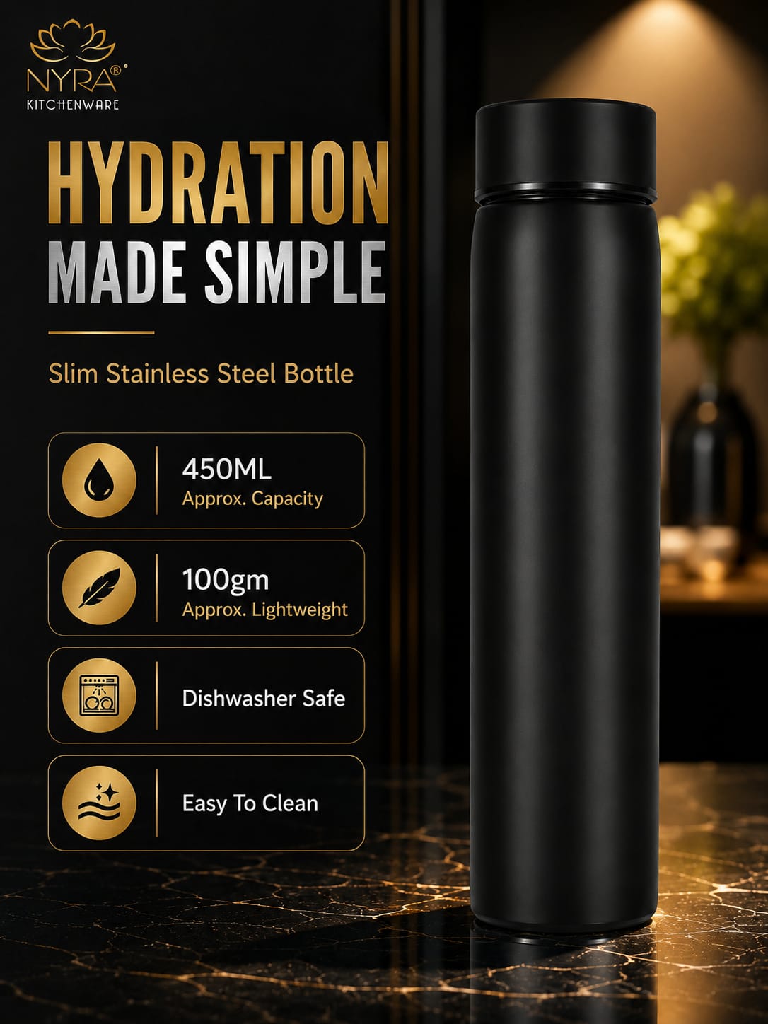 Stainless Steel Single Wall Pocket Water Bottle - Sleek Design - 6 Color Options
