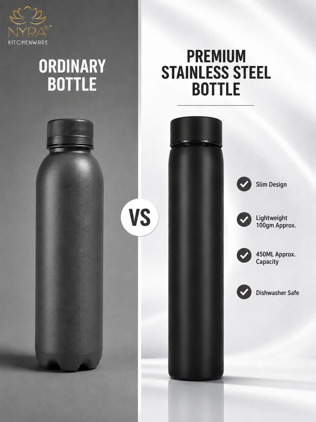 Stainless Steel Single Wall Pocket Water Bottle - Sleek Design - 6 Color Options