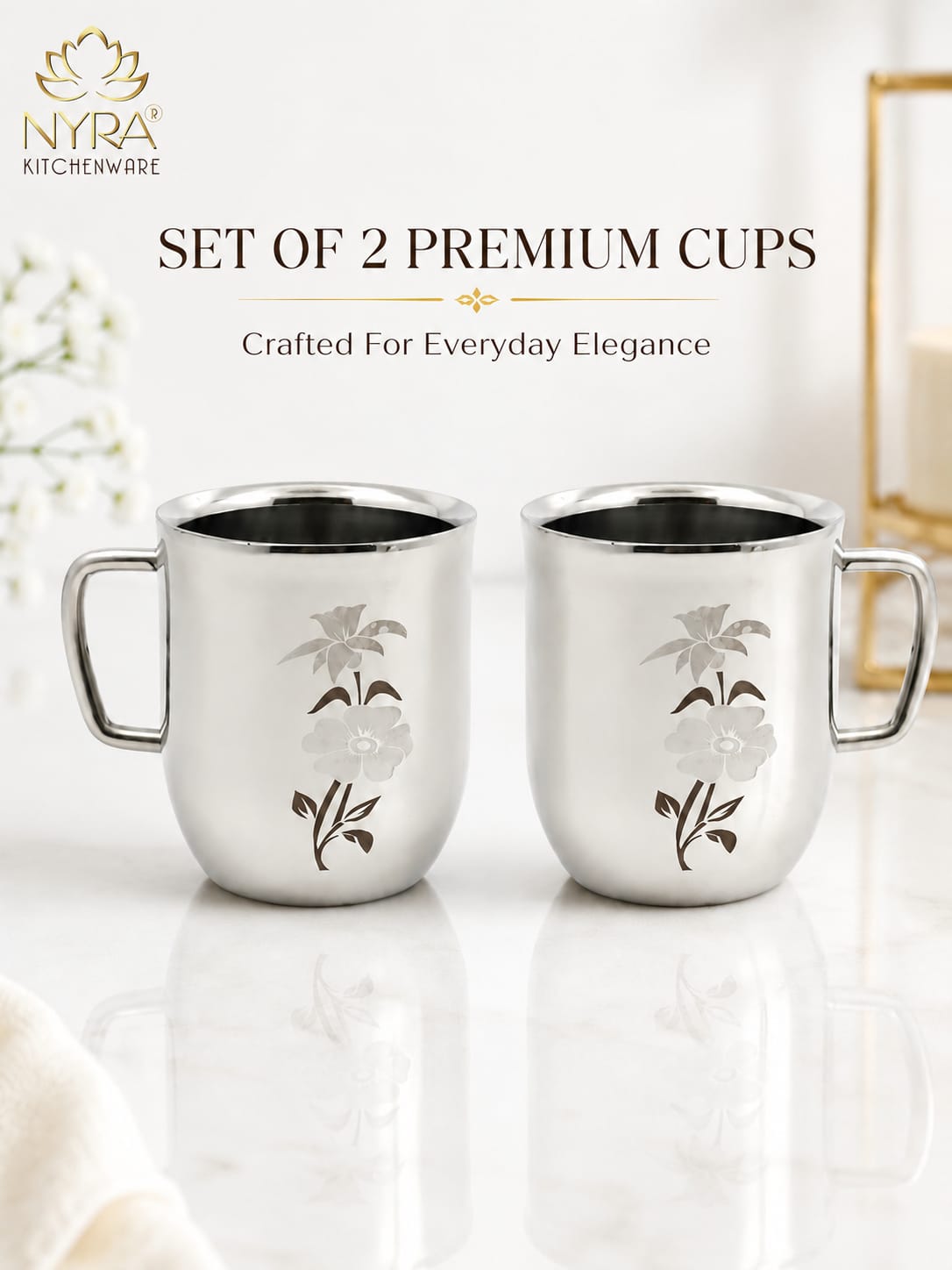 Stainless Steel Glossy Finish Cups with Laser Print & Riveted Handles - Set of 2