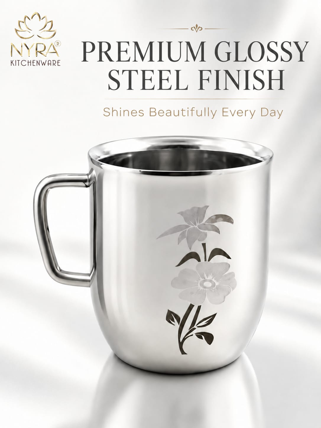 Stainless Steel Glossy Finish Cups with Laser Print & Riveted Handles - Set of 2