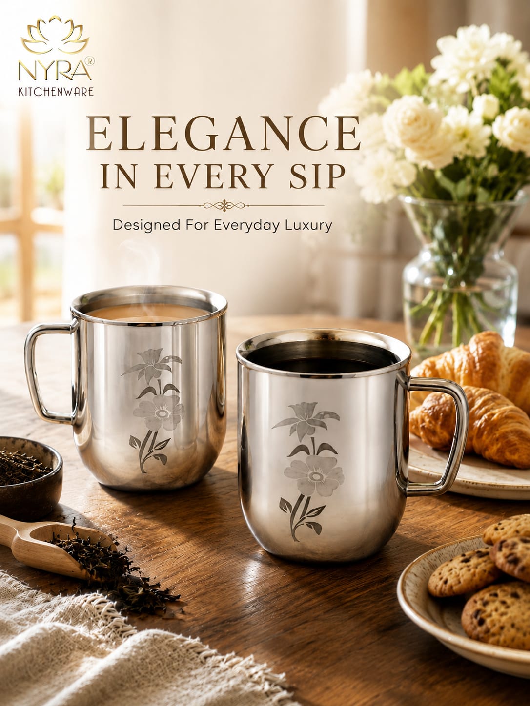 Stainless Steel Glossy Finish Cups with Laser Print & Riveted Handles - Set of 2