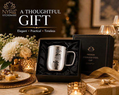Stainless Steel Glossy Finish Cups with Laser Print & Riveted Handles - Set of 2