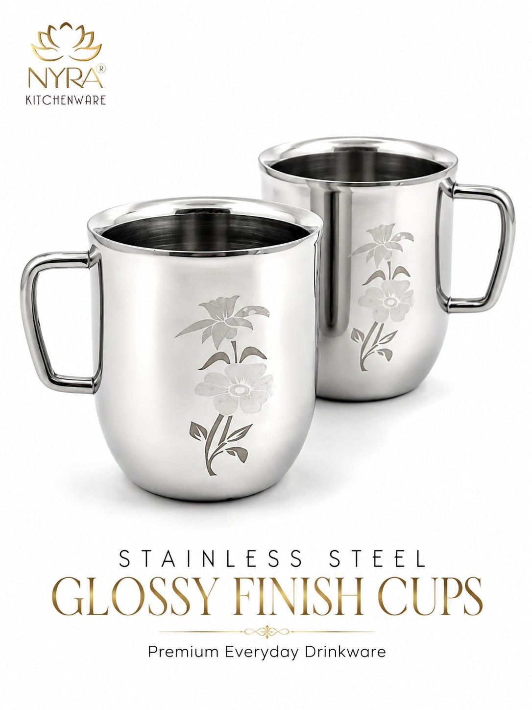 Stainless Steel Glossy Finish Cups with Laser Print & Riveted Handles - Set of 2