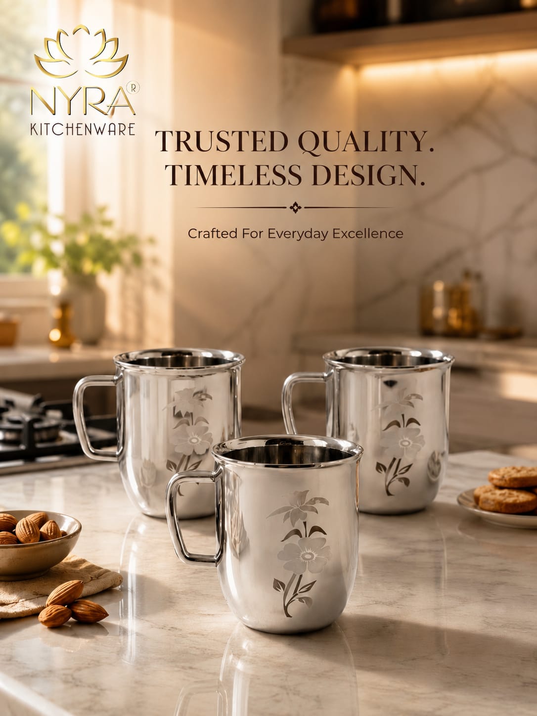 Stainless Steel Glossy Finish Cups with Laser Print & Riveted Handles - Set of 2