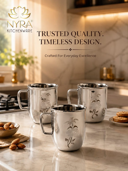 Stainless Steel Glossy Finish Cups with Laser Print & Riveted Handles - Set of 2