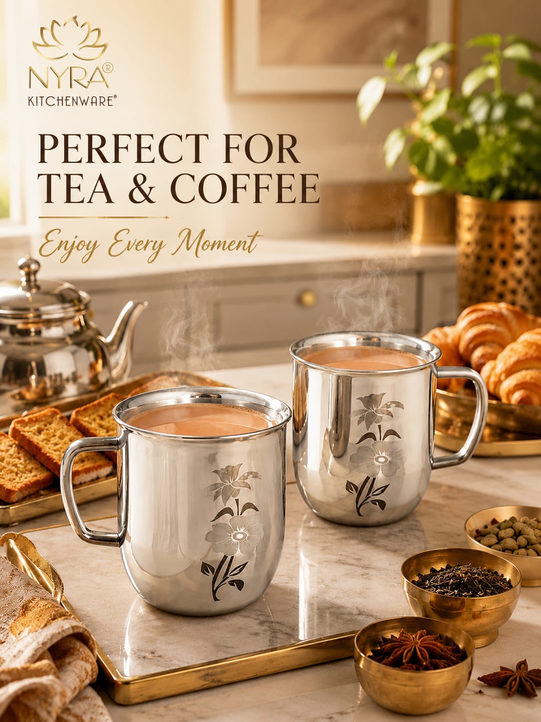 Stainless Steel Glossy Finish Cups with Laser Print & Riveted Handles - Set of 2