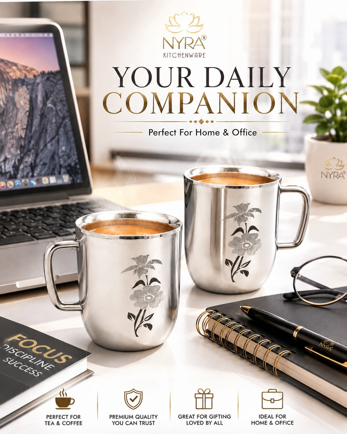 Stainless Steel Glossy Finish Cups with Laser Print & Riveted Handles - Set of 2