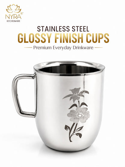Stainless Steel Glossy Finish Cups with Laser Print & Riveted Handles - Set of 2