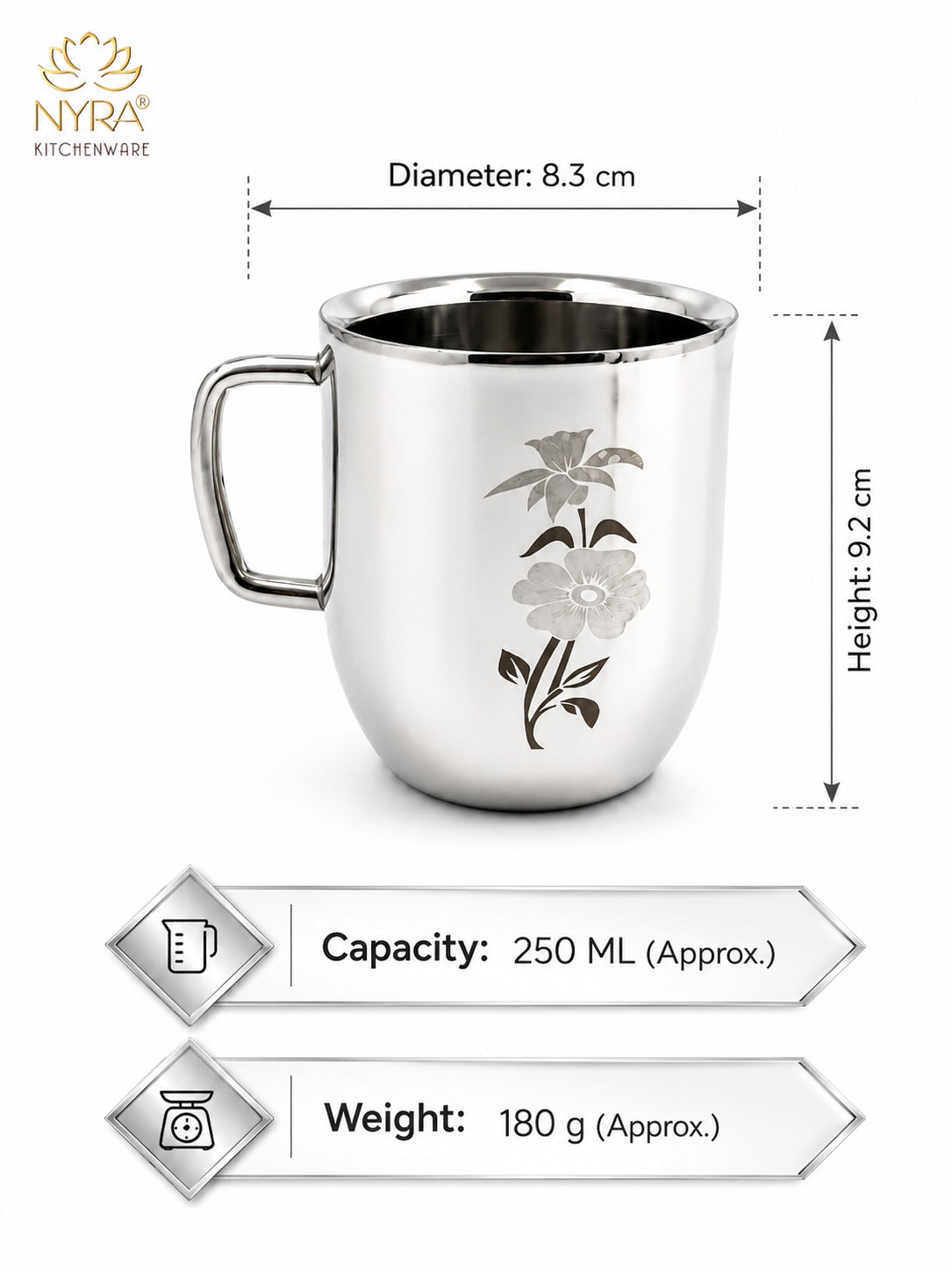 Stainless Steel Glossy Finish Cups with Laser Print & Riveted Handles - Set of 2