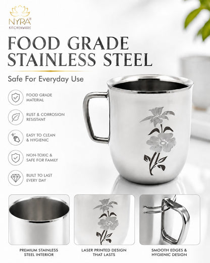 Stainless Steel Glossy Finish Cups with Laser Print & Riveted Handles - Set of 2