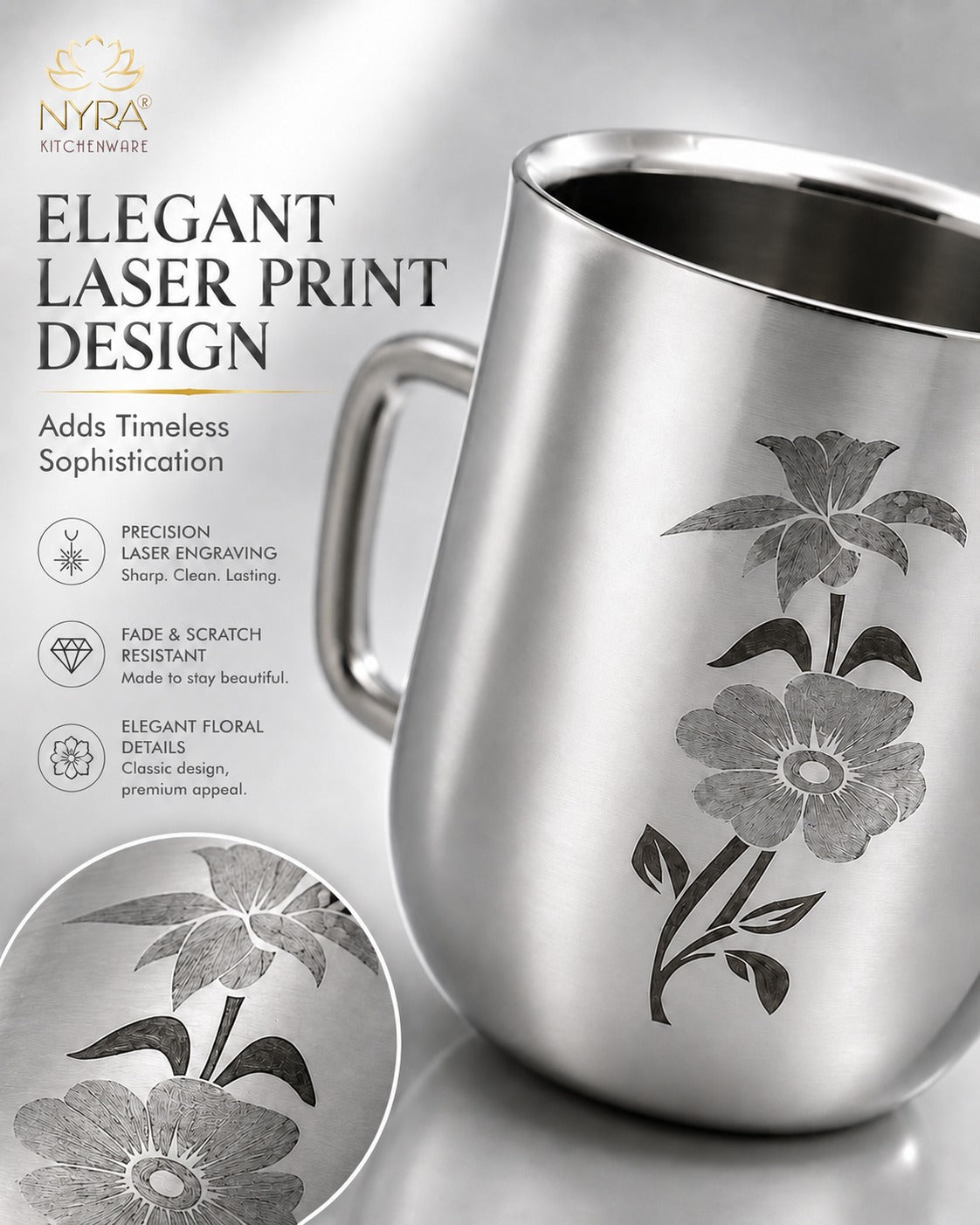 Stainless Steel Glossy Finish Cups with Laser Print & Riveted Handles - Set of 2