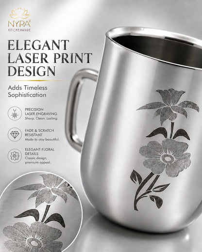 Stainless Steel Glossy Finish Cups with Laser Print & Riveted Handles - Set of 2