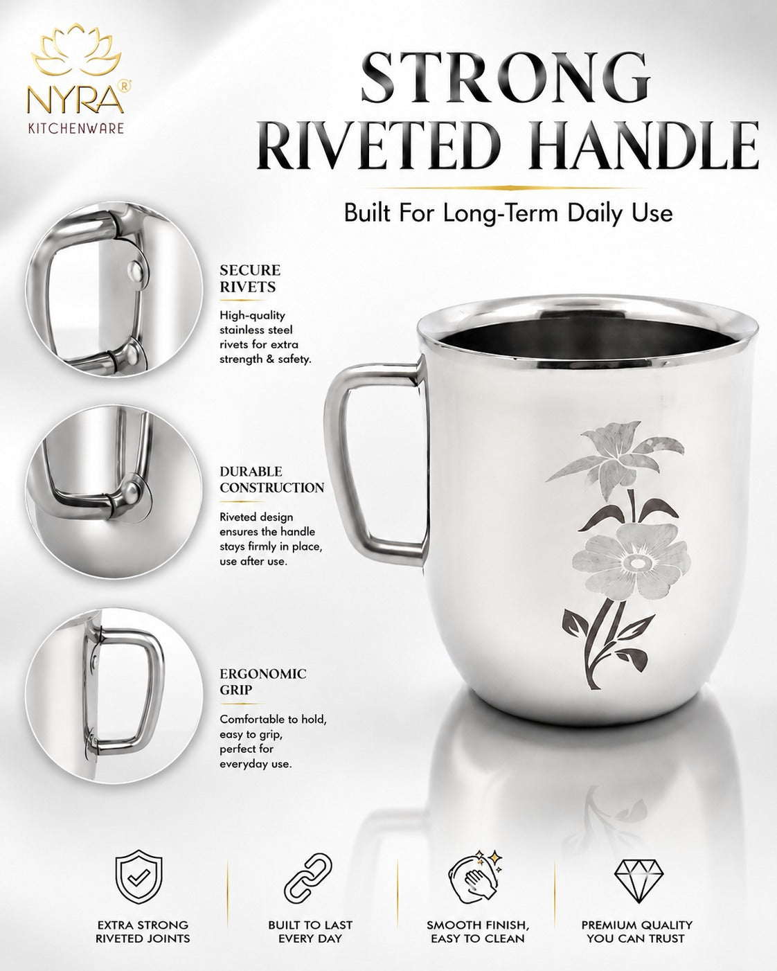Stainless Steel Glossy Finish Cups with Laser Print & Riveted Handles - Set of 2