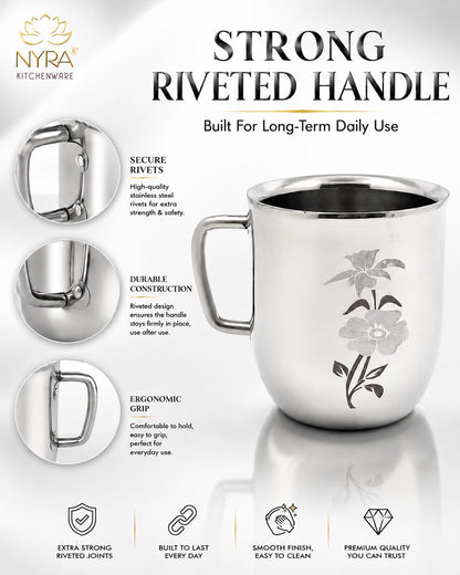 Stainless Steel Glossy Finish Cups with Laser Print & Riveted Handles - Set of 2